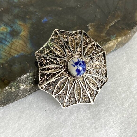 VTG Sterling Silver 925 1.71" Domed Signed Delft Filigree Spun Silver Brooch - Picture 10 of 16